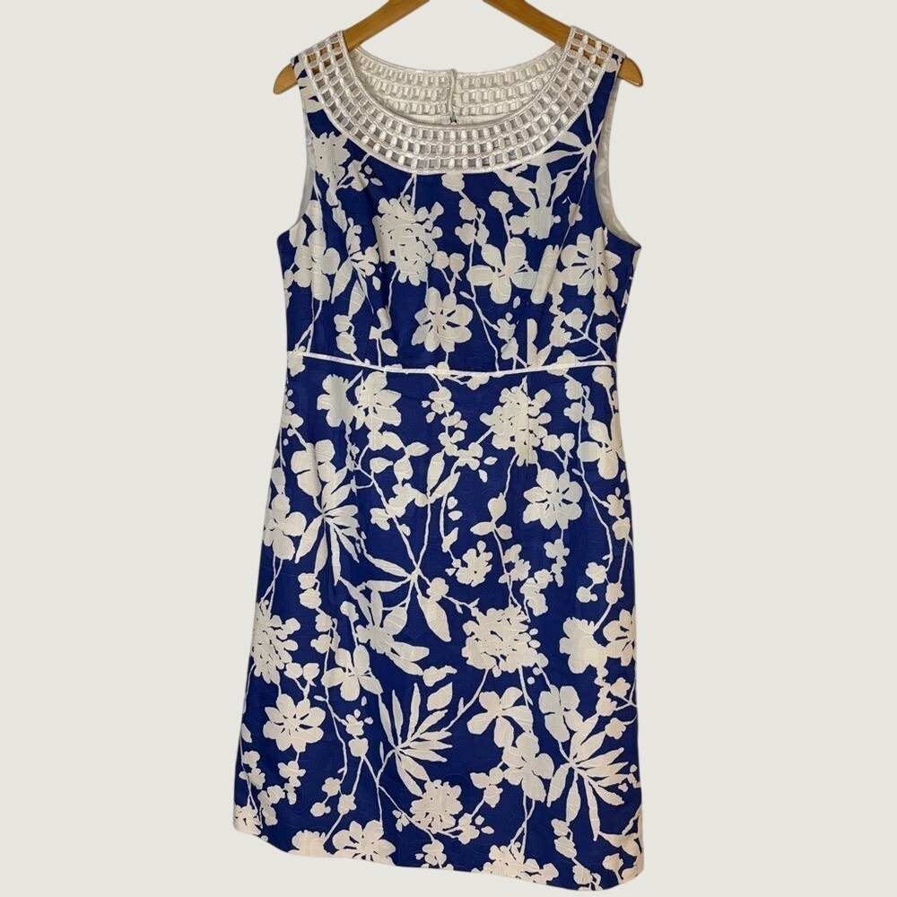 Jessica H Blue White Floral Cotton Sheath Dress Crochet Neckline Sz 14 NEW